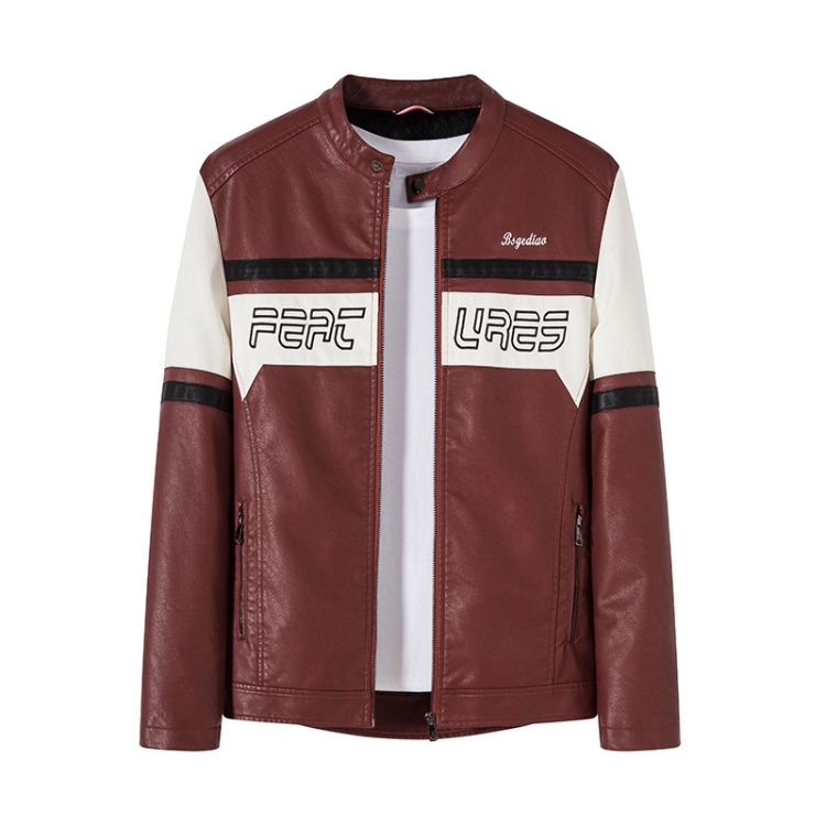 Men Slim Fit Padded Patchwork Motorbike Leather Jacket, Size: XL(Red)
