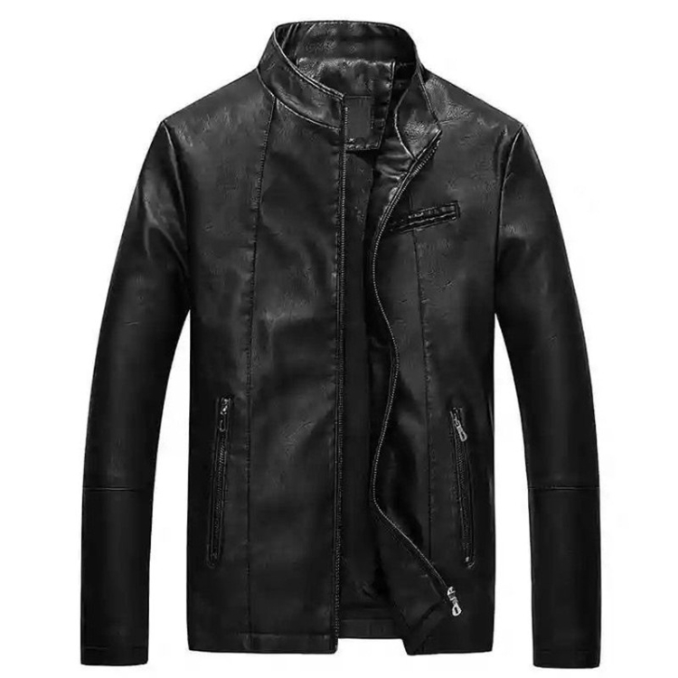 Men Slim-fit Washed PU Leather Jacket (Color:Black Size:L)