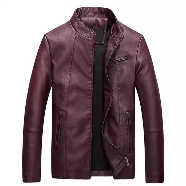 Men Slim-fit Washed PU Leather Jacket (Color:Red Size:M)