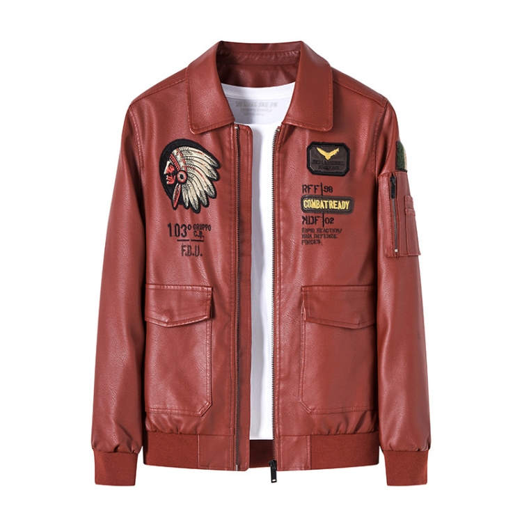 Men Suit Collar Washed PU Leather Jacket Flight Suit, Size: XL(Brick Red Velvet)