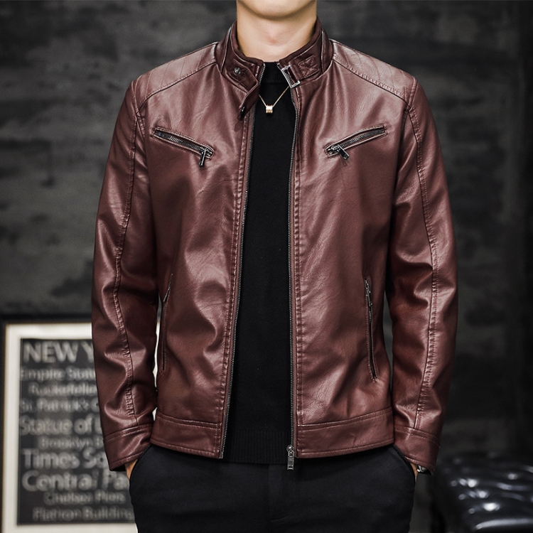 Men Washed PU Padded Slim-Fit Motorbike Leather Jacket, Size: 4XL(Claret)