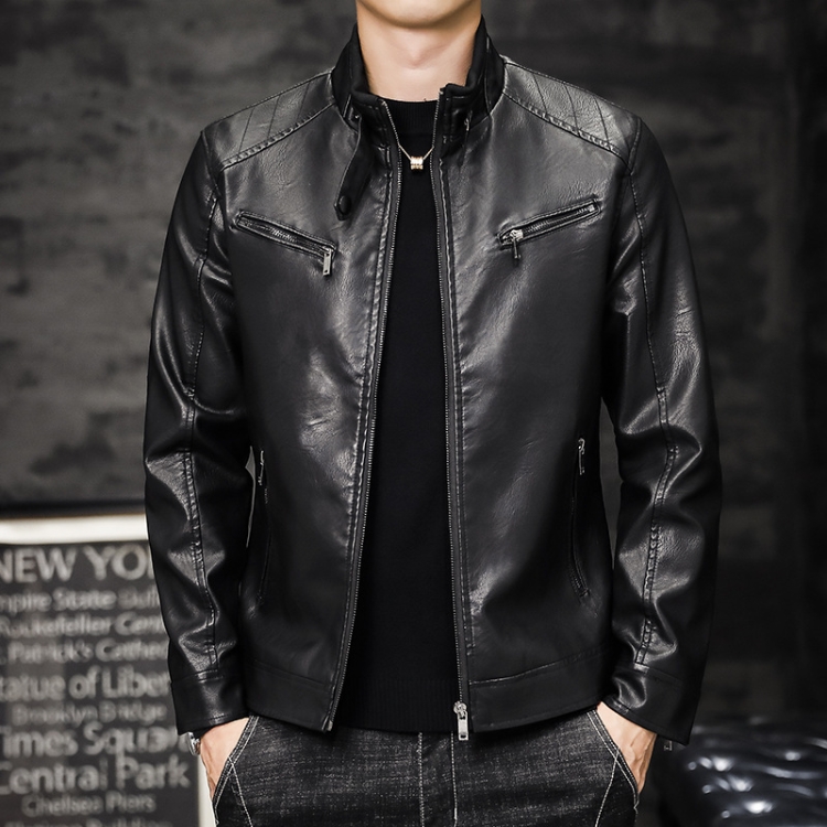 Men Washed PU Padded Slim-Fit Motorbike Leather Jacket, Size: L(Black)