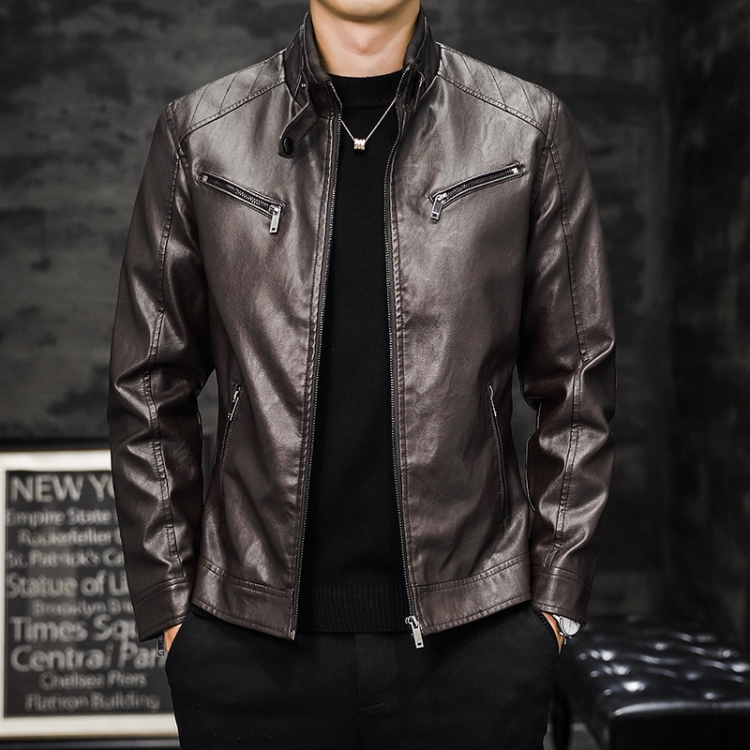 Men Washed PU Padded Slim-Fit Motorbike Leather Jacket, Size: L(Coffee)