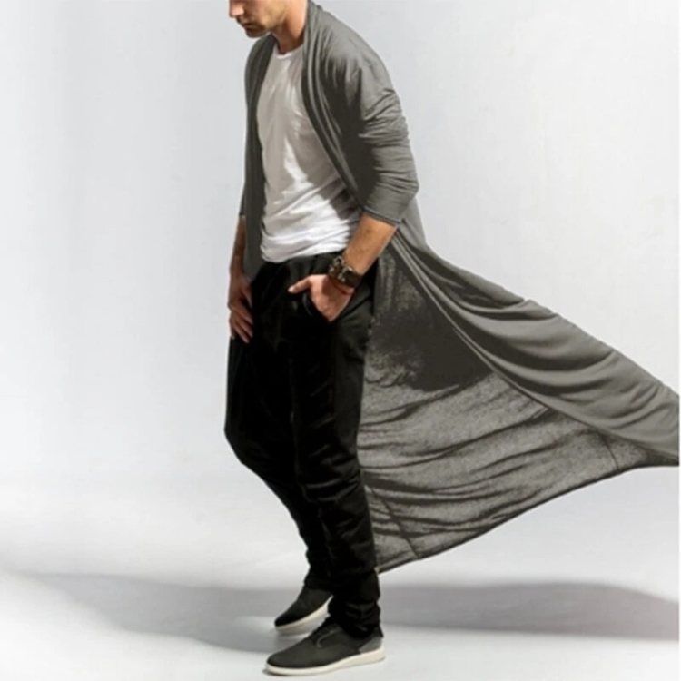 Mens Casual Loose Long Cardigans Coat (Color:Grey Size:XL)
