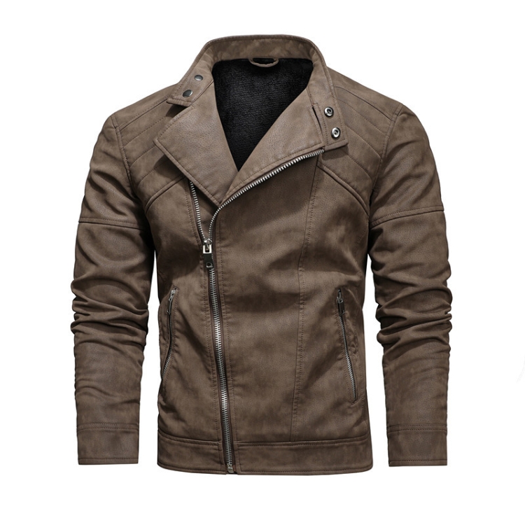 Mens Lapel Leather Motorcycle Jacket, Size: M(Dark Brown)