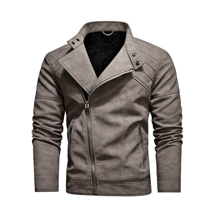 Mens Lapel Leather Motorcycle Jacket, Size: XL(Khaki)