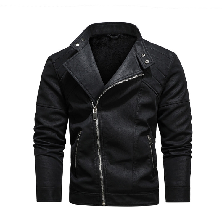 Mens Lapel Leather Motorcycle Jacket, Size: XXL(Black)