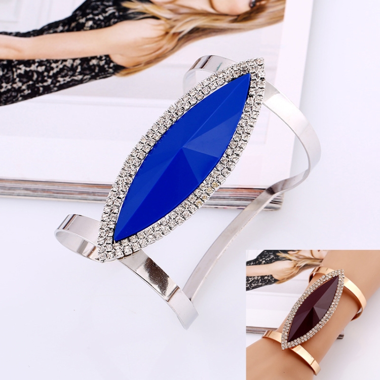 Metal Bangles Women Trendy Resin Mosaic Crystal Bracelet Smooth Wide Opening Adjustable Bangle(Silver blue)