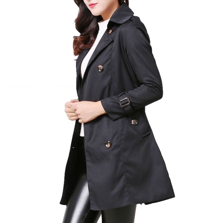Mid-length Slim Casual Lace-up Trench Windbeaker (Color:Black Size:XXL)