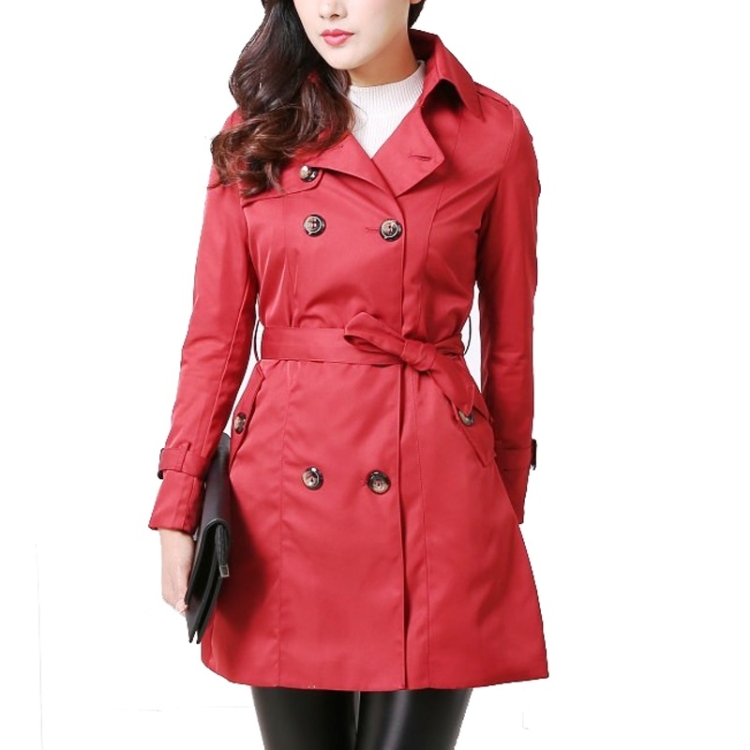 Mid-length Slim Casual Lace-up Trench Windbeaker (Color:Red Size:L)