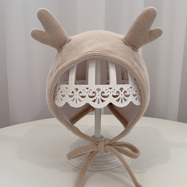 MZ9853 Baby Cartoon Animal Ears Shape Skullcap Cotton Keep Warm and Windproof Hat, Size: Suitable for 0-12 Months, Style:Antlers(Beige)