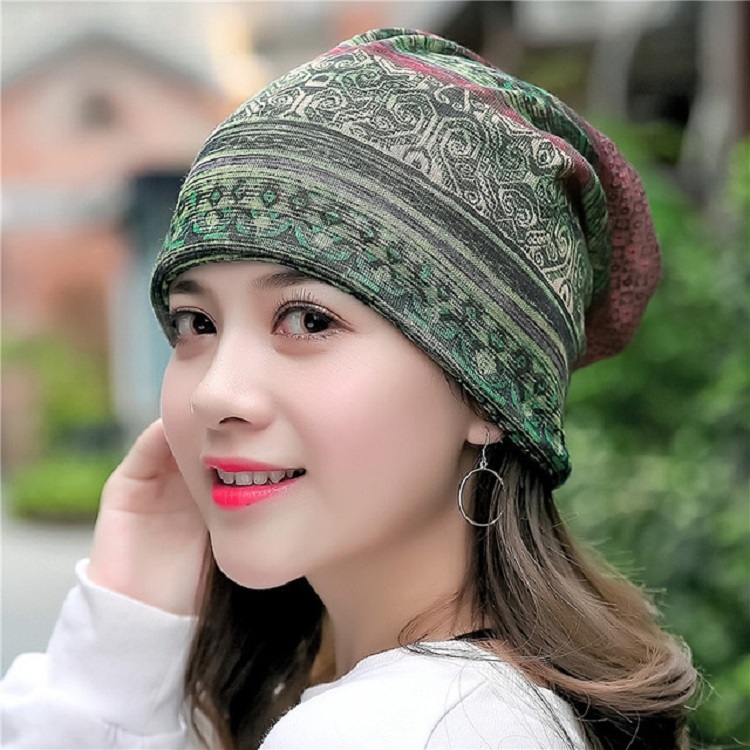 National Style Cotton Yarn Thin Wrap Cap Turban Hat for Women(Dark Green)