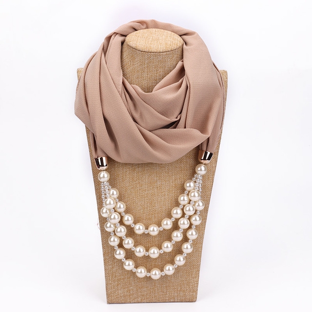 National Style Scarf with Imitation Pearl Necklace(Beige)