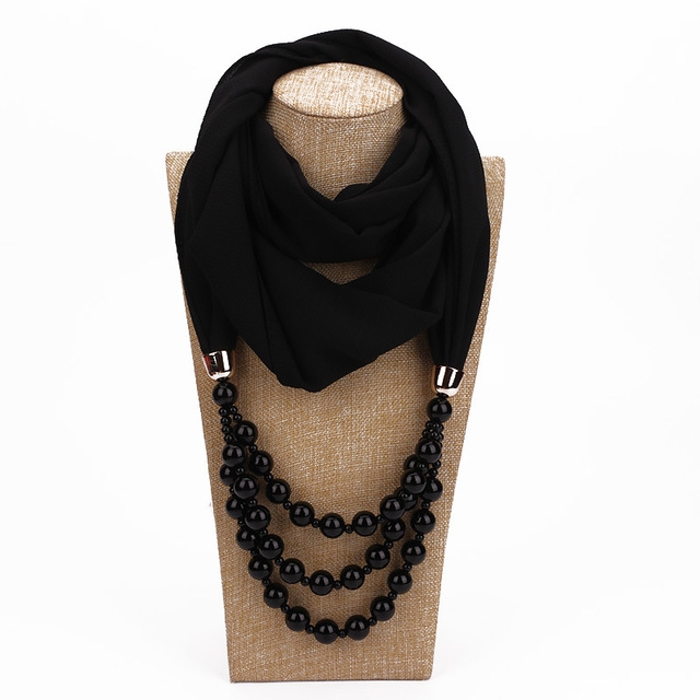 National Style Scarf with Imitation Pearl Necklace(Black)