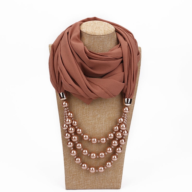 National Style Scarf with Imitation Pearl Necklace(Champagne)