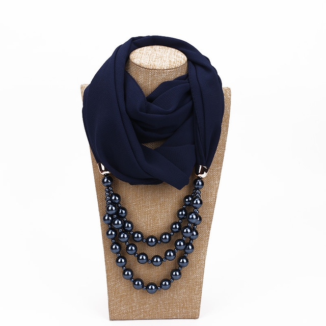 National Style Scarf with Imitation Pearl Necklace(Navy)