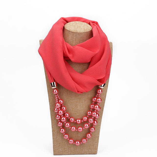 National Style Scarf with Imitation Pearl Necklace(Watermelon red)