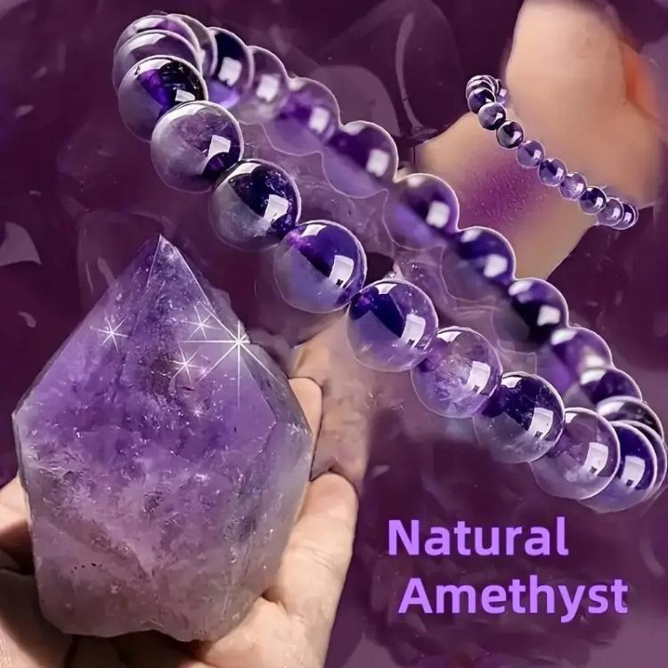 Natural Amethyst Beaded Bracelet Purple Crystal Healing Stone Stretch Bracelet, Mindful Spiritual Meditation Gemstone Jewelry Gift(A Purple)