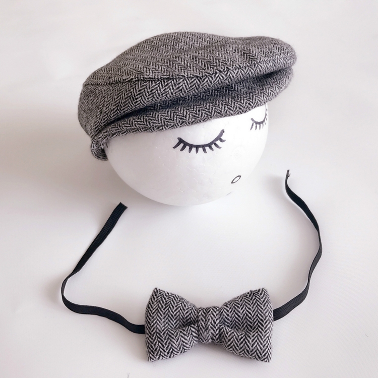 Newborn Baby Photography Props Photo Shoot Outfits Infant Cap Cabbie Hat with Bowtie Set Black White