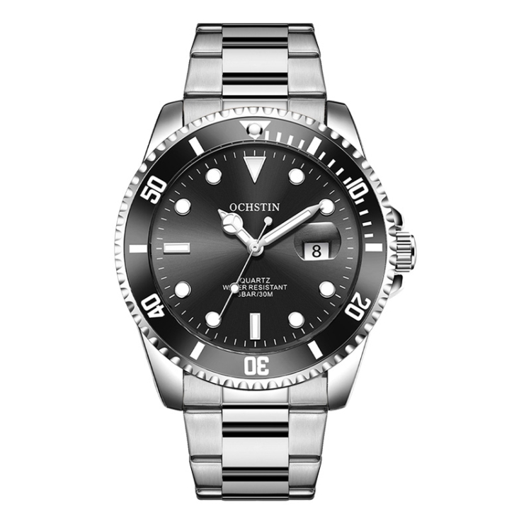 Ochstin 5019F Fashion Business Single Calendar Waterproof Stainless Steel Strap Quartz Watch(Silver+Black)