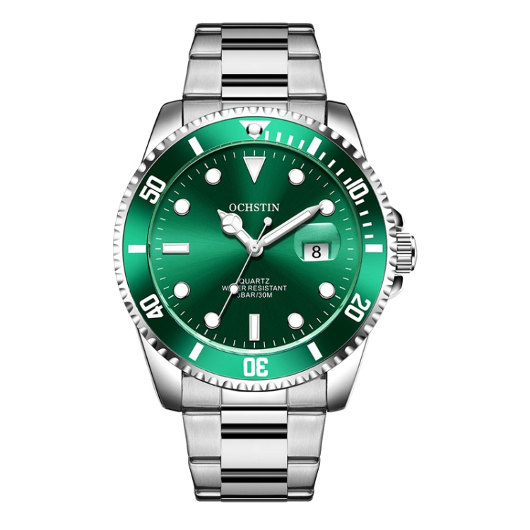 Ochstin 5019F Fashion Business Single Calendar Waterproof Stainless Steel Strap Quartz Watch(Silver+Green)