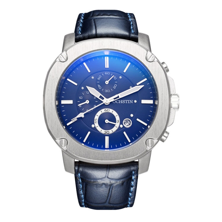 Ochstin 5039C Multifunctional Business Men Watch Luminous Waterproof Leather Quartz Watch(Silver+Silver+Blue)