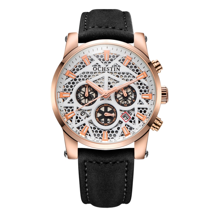 Ochstin 5052B Multifunctional Business Waterproof Leather Strap Quartz Watch(Rose Gold+Black)