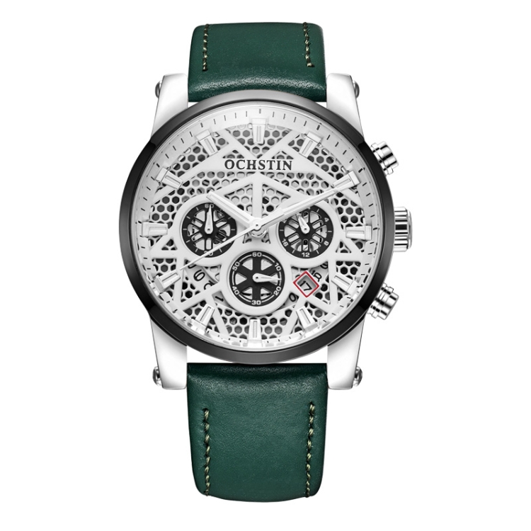Ochstin 5052B Multifunctional Business Waterproof Leather Strap Quartz Watch(Silver+Black+Green)