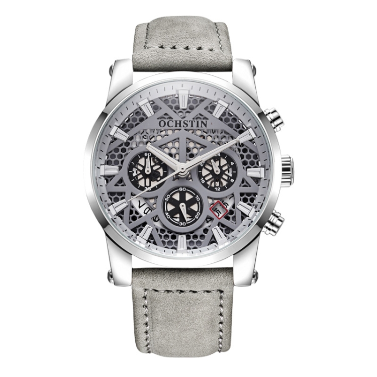 Ochstin 5052B Multifunctional Business Waterproof Leather Strap Quartz Watch(Silver+Grey)
