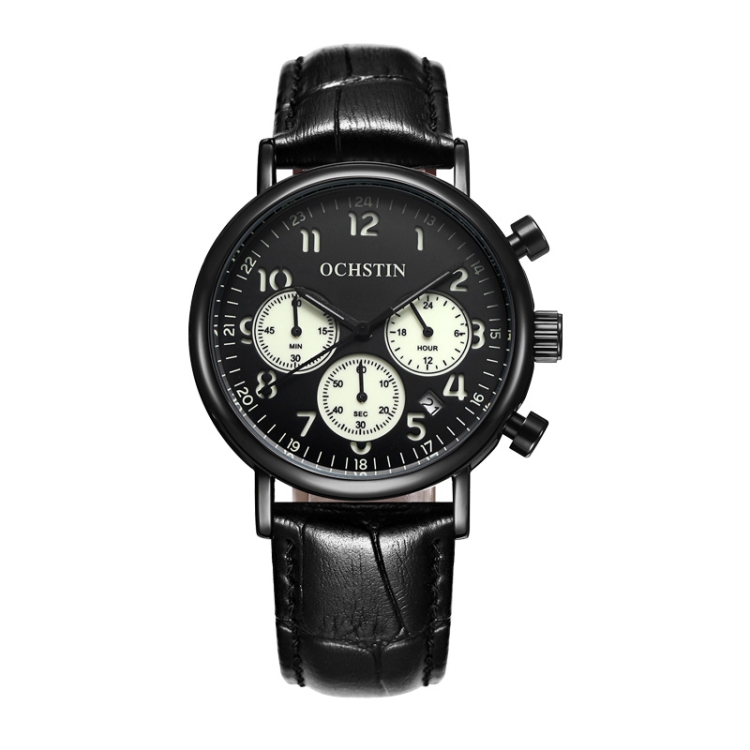 Ochstin 5081A Multifunctional Luminous Waterproof Leather Strap Quartz Watch(Black+Black+Black)