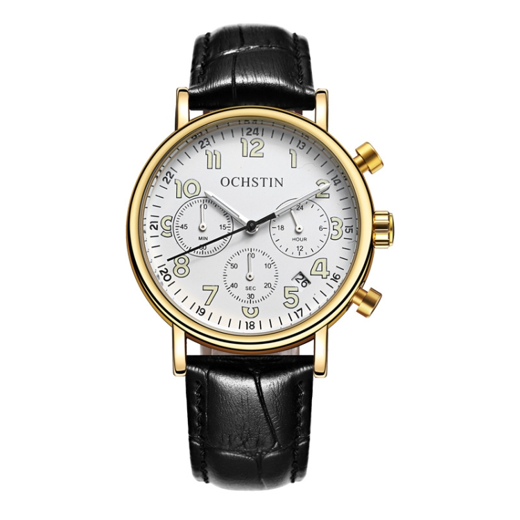 Ochstin 5081A Multifunctional Luminous Waterproof Leather Strap Quartz Watch(Gold+White+Black)