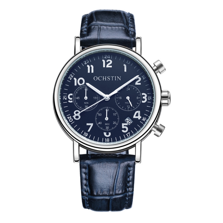 Ochstin 5081A Multifunctional Luminous Waterproof Leather Strap Quartz Watch(Silver+Blue+Blue)