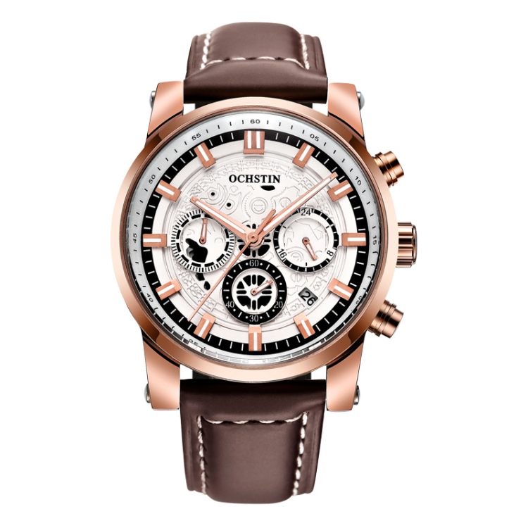 Ochstin 5111B Multifunctional Business Waterproof Luminous Leather Strap Quartz Watch(Rose Gold+Coffee)