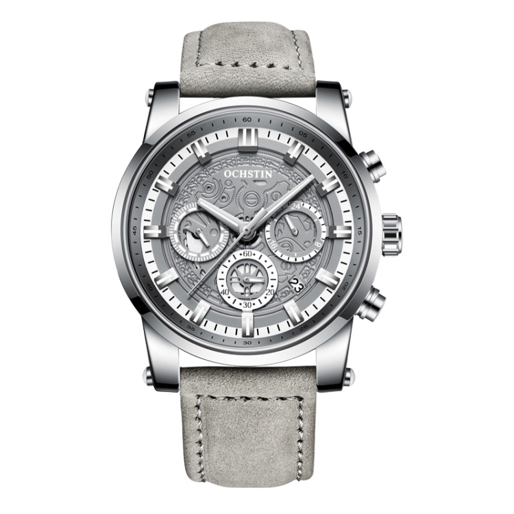 Ochstin 5111B Multifunctional Business Waterproof Luminous Leather Strap Quartz Watch(Silver+Grey)