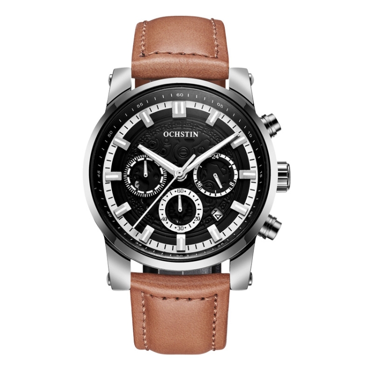 Ochstin 5111B Multifunctional Business Waterproof Luminous Leather Strap Quartz Watch(Silver+Light Brown)