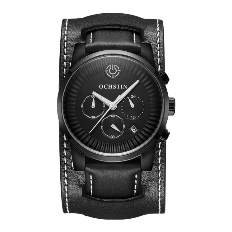 Ochstin 7232 Multifunctional Business Leather Wrist Wrist Waterproof Quartz Watch(Black+Black)