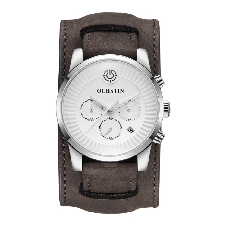 Ochstin 7232 Multifunctional Business Leather Wrist Wrist Waterproof Quartz Watch(Silver+Dark Brown)