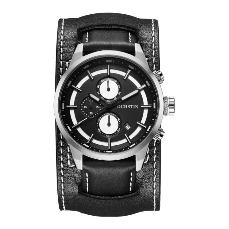 Ochstin 7235 Multifunctional Business Leather Wrist Wrist Waterproof Quartz Watch(Silver+Black)
