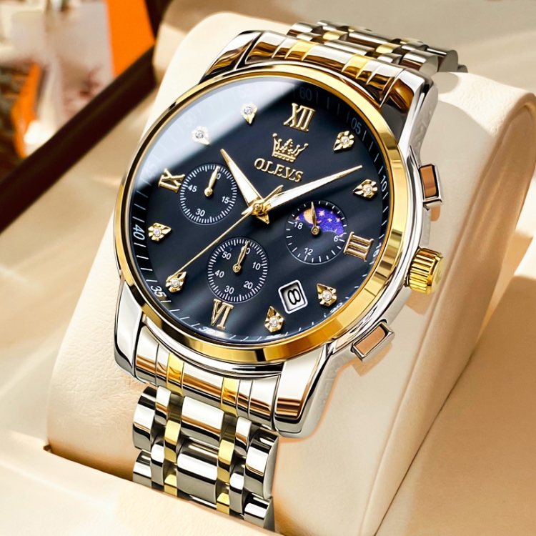 OLEVS 2858 Men Multifunctional Business Waterproof Quartz Watch(Black + Gold)