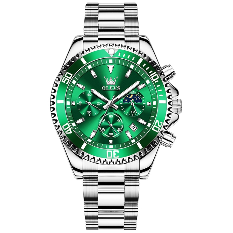 OLEVS 2870 Men Multifunctional Chronograph Three Eyes Waterproof Quartz Watch(Green + Silver)