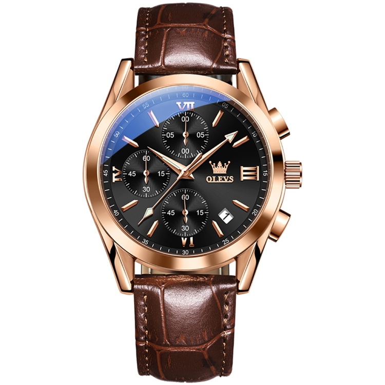 OLEVS 2872 Men Three Eyes Six Needles Chronograph Waterproof Quartz Watch(Black + Rose Gold)