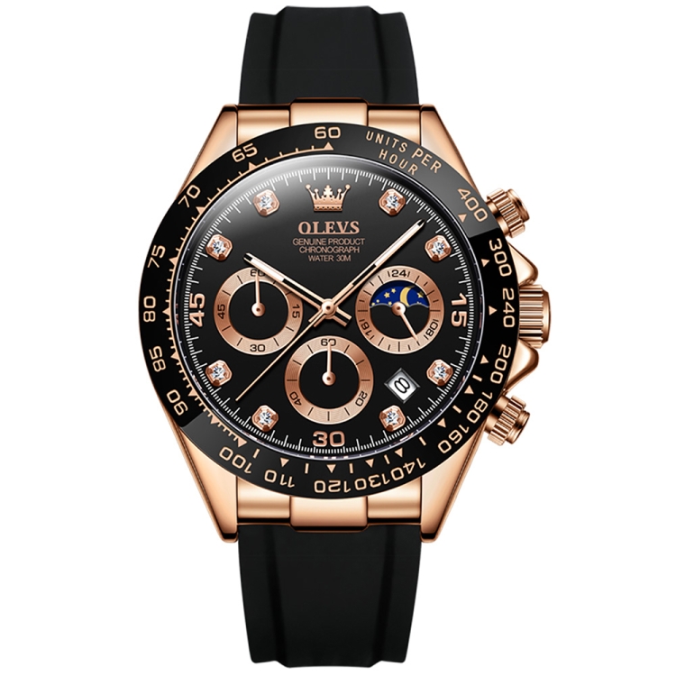 OLEVS 2875 Men Multifunctional Sports Chronograph Waterproof Quartz Watch(Black + Rose Gold)