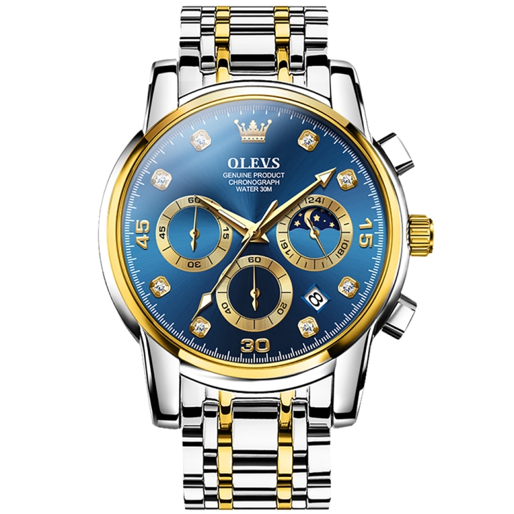 OLEVS 2889 Men Multifunctional Luminous Waterproof Quartz Watch(Blue + Gold)