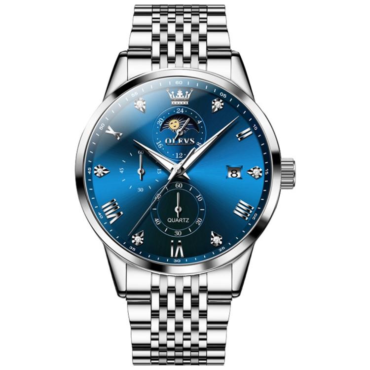 OLEVS 2925 Men Multifunctional Waterproof Luminous Quartz Watch(Silver Blue)