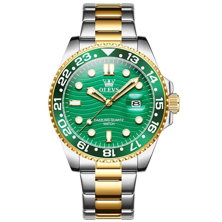 OLEVS 3610 Men Steel Strap Luminous Waterproof Quartz Watch(Green + Gold)