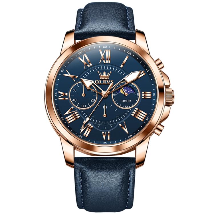 OLEVS 3632 Men Multifunctional Large Dial Luminous Waterproof Quartz Watch(Blue + Rose Gold)