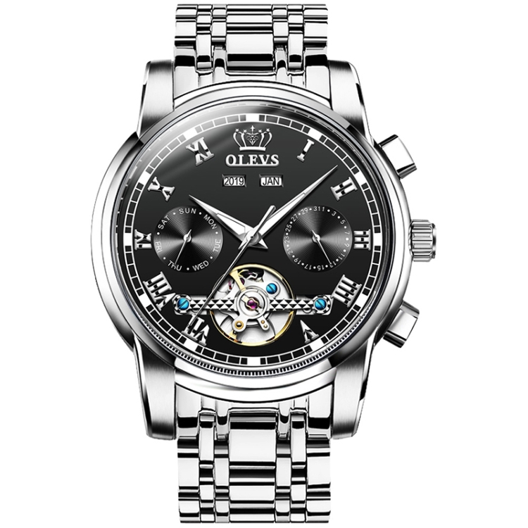 OLEVS 6607 Multi-function Men Big Flywheel Automatic Waterproof Mechanical Watch(Black)