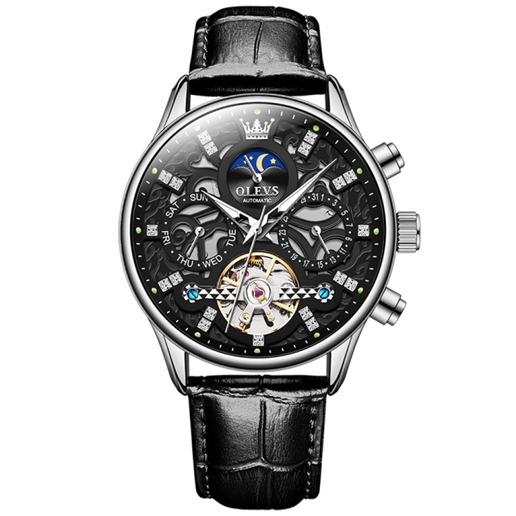 OLEVS 6658 Men Luminous Waterproof Leather Strap Mechanical Watch(Black)