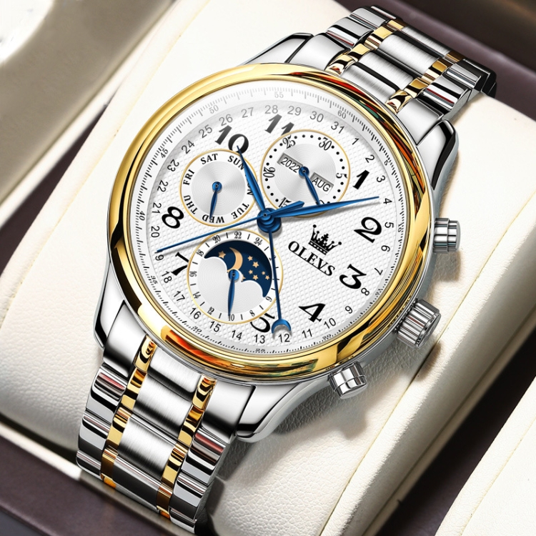 OLEVS 6667 Multifunction Waterproof Luminous Mechanical Men Watch(Steel Band+Gold White)