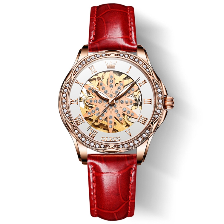 OLEVS 6681 Women Multifunctional Hollow Waterproof Mechanical Watch(White Surface Red Belt)